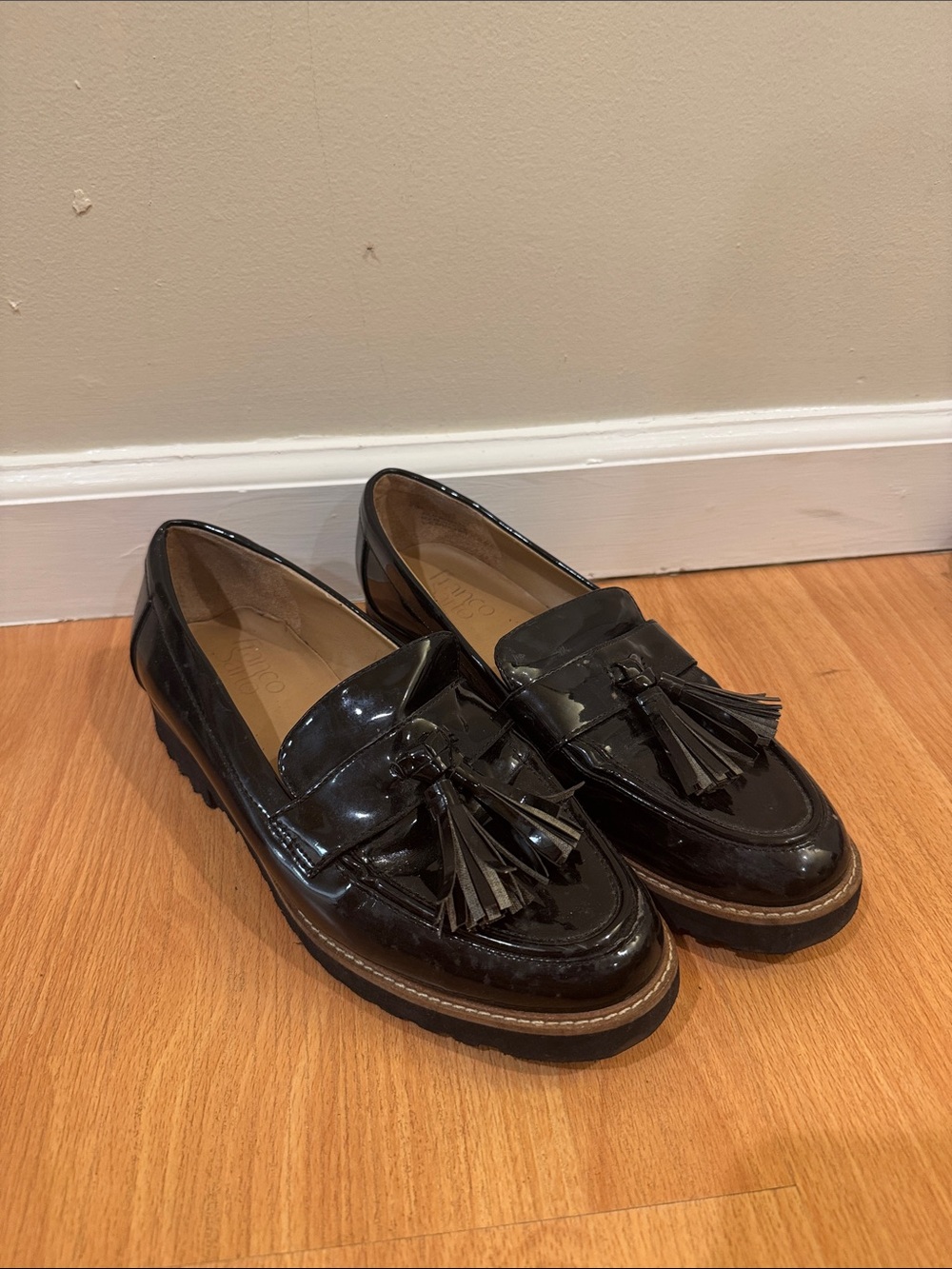 Franco Sarto Black Patent Tassel Loafers